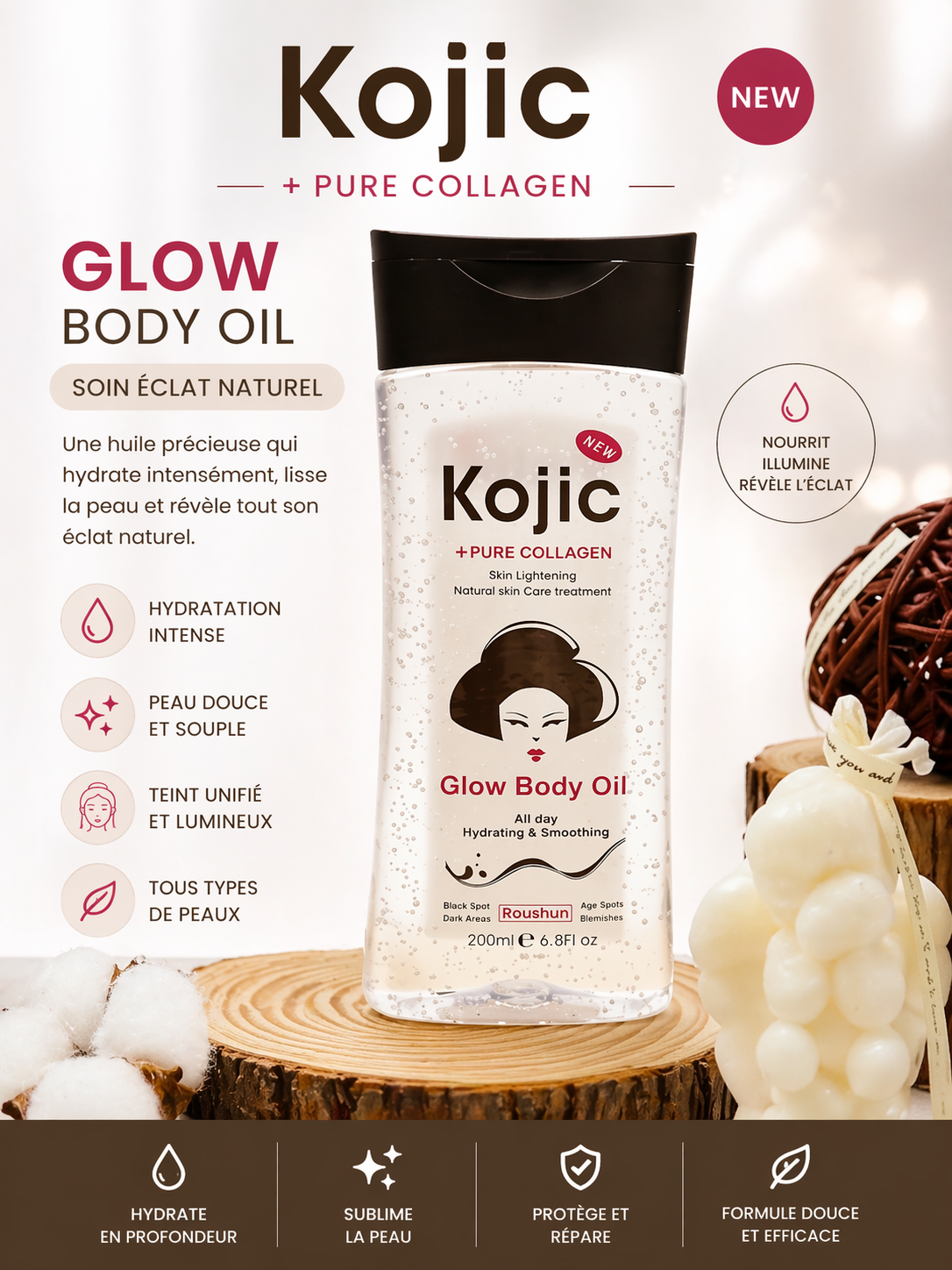Huile corporelle Roushun Kojic + Collagène